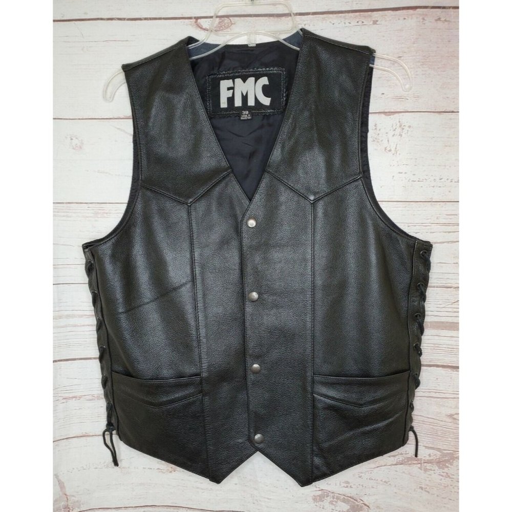 FMC Black Leather Button Side Tassel 2 Inside & Outside Pockets Size 38 Vest